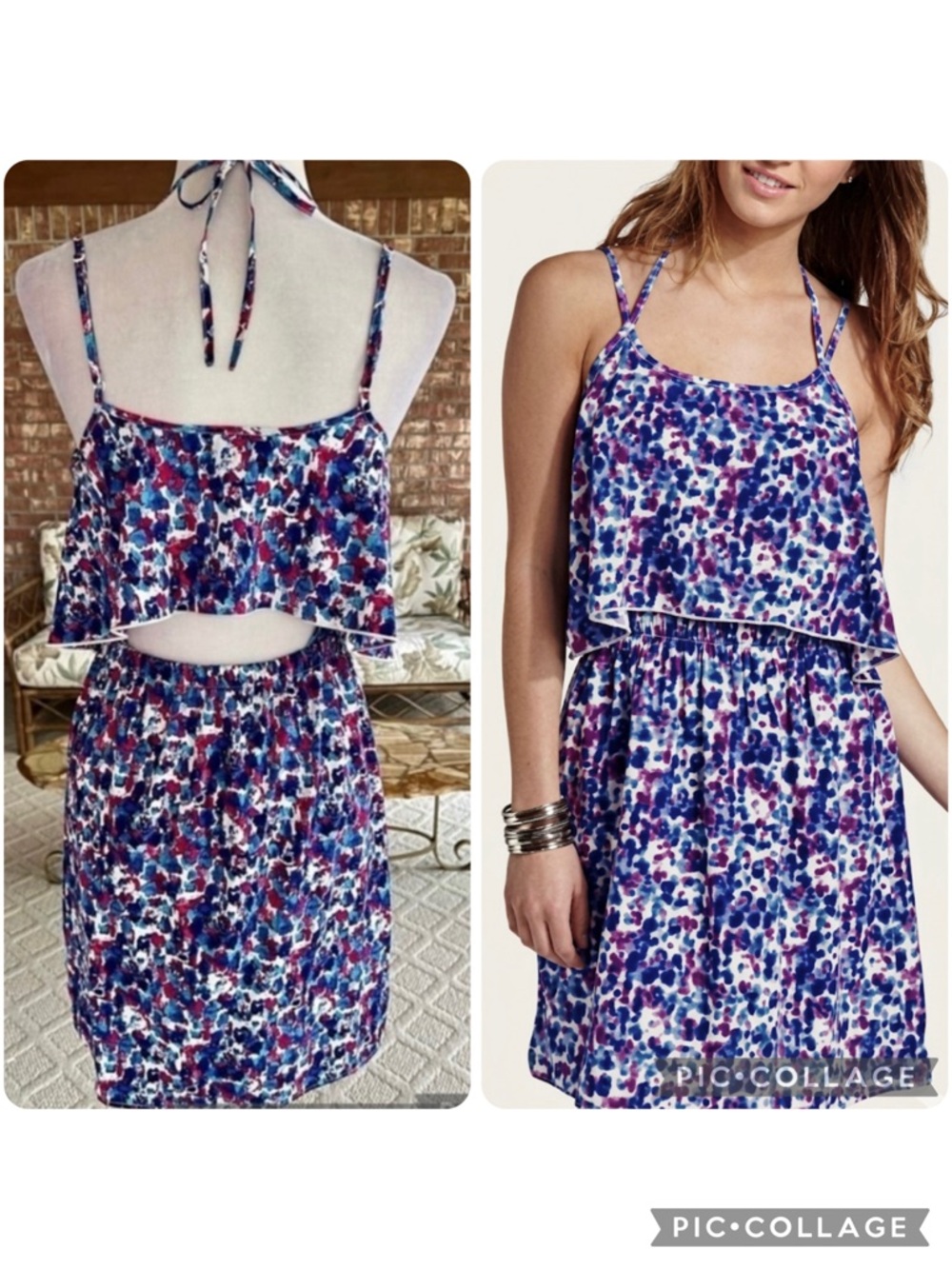 Jessica Simpson Dress Blue Floral Halter Mini Back Cutout M Party Garden